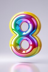 Poster - A glossy iridescent number eight with a yellow outline on a plain light gray background view front