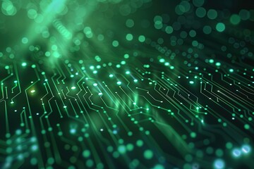 Poster - Abstract green circuit board with glowing nodes conveys technology and connectivity