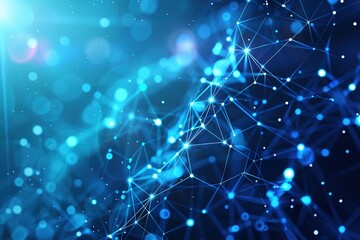 Fototapete - Abstract network: Blue glowing nodes connected by lines in a geometric arrangement