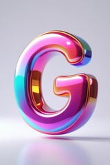 Poster - A vibrant iridescent letter g standing on a reflective surface against a neutral background studio shot