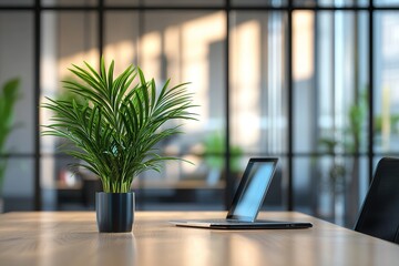 Poster - Office desk with potted plant and laptop in front of a glass wall window background