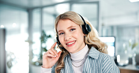 Aufkleber - Portrait, office and business woman for customer service, online consulting and sales support. CRM company, administration and person with headset for communication, virtual assistant and contact