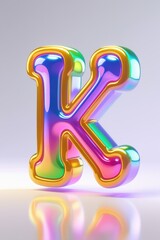 Poster - A shiny iridescent letter k with golden edges on a reflective surface against a light gray background