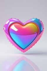 Poster - A glossy heart shaped object with a rainbow gradient on a white surface with a reflection below it