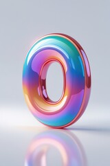 Poster - A glossy iridescent letter o standing on a reflective surface against a light gray background