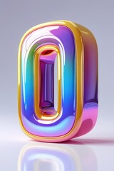 Poster - A glossy iridescent letter o with gold trim standing on a reflective white surface in studio light
