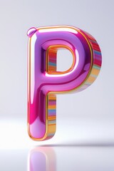 Poster - A glossy pink letter p with colorful stripes on its side standing on a reflective surface