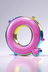 Poster - A glossy pink letter q with iridescent edges and colorful spheres on a white reflective surface