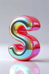 Poster - A glossy iridescent letter s with red accents on a white surface against a light gray background
