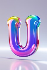 Poster - A glossy iridescent letter u standing on a reflective surface with a soft light background tone