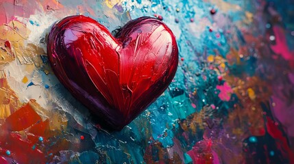 Poster - Red heart painting on canvas textured background valentine's day love and romance art concept design