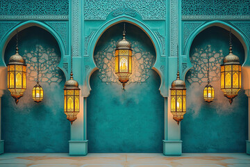 Poster - Ornate lanterns illuminate a blue hall adorned with arches and intricate patterns