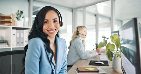 Aufkleber - Call center, businesswoman and portrait with headset for computer, customer service and happiness. Office, coworking and sales consultant with technology for communication, support and telemarketing