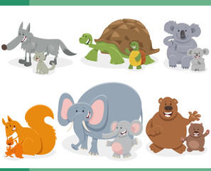 Wall Mural - funny cartoon wild animals species characters set with their children