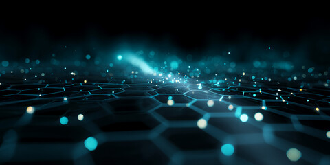 Poster - Abstract image of glowing cyan hexagonal network, bokeh lights, dark background, showcasing digital technology, connection, and futuristic concepts