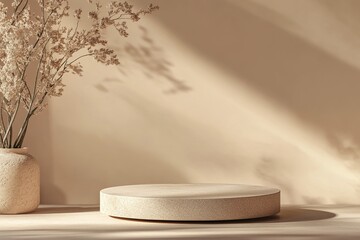 Poster - Minimalist round platform with decorative vase showcasing soft lighting and neutral tones