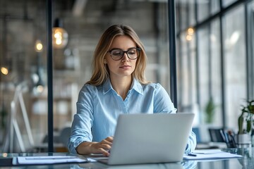 Poster - Focused woman working on her laptop in a modern office environment with natural light
