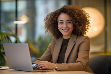 Poster - Smiling professional woman working on a laptop in a modern office setting