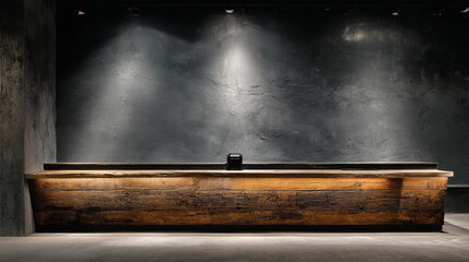 Aufkleber - Dark textured wall with rustic wooden counter, illuminated by spotlights, creating a minimalist and modern display, ideal for product showcase or branding