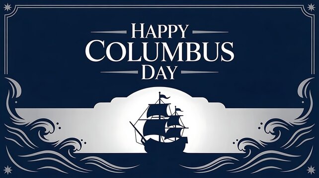 Happy Columbus Day card, banner on blue background, 2025 Columbus day greeting card, web banner, poster, header for website, with vintage world map outlines, a classic ship, created with generative ai