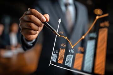 Poster - a businessman pointing with a pen at a rising business graph, demonstrating growth and successful fi
