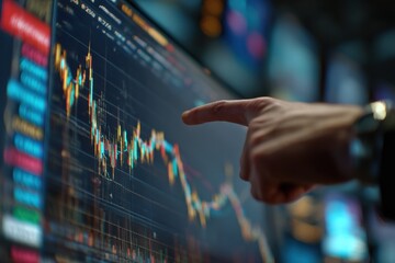 Poster - close-up of a businessman pointing at a stock market chart, analyzing financial data, and making inv