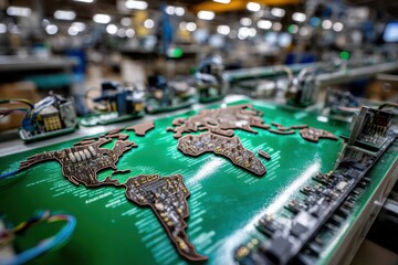 Poster - a detailed close-up of a circuit board depicting a world map, symbolizing global technology and inte