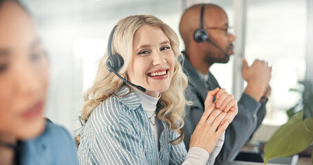 Leinwandbilder - Call center, businesswoman and portrait with headset for coworking, customer service and happiness. Office, telemarketing and sales consultant with smile for faq, support and communication for crm
