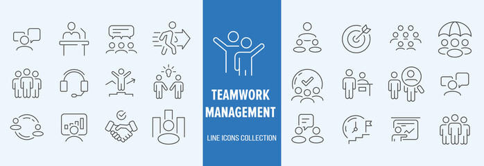 Business teamwork icon set. Containing team working together, partnership, work group, agreement, handshake, support, structure hierarchy, collaboration, co-worker, cooperation. vector illustration