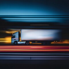 Aufkleber - 高速道路を走行するトラック 夜空の下の都市景観 鮮やかな光跡とダイナミックな動き 輸送と物流の概念