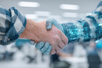 Poster - a futuristic handshake representing a business agreement between a human and ai, symbolizing technol