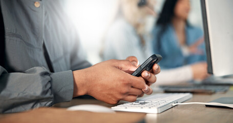 Poster - Hands, business and person in office, cellphone and internet with communication. Closeup, people or agent in workplace, social media or smartphone with connection, text or message to contact or email