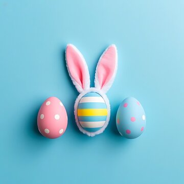Easter eggs, pastel colors, bunny ears, polka dots, stripes, minimalist composition, blue background, festive, cute, playful,