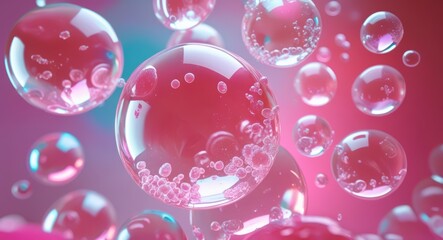 Poster - Abstract pink bubbles background with liquid spheres and transparent orbs for cosmetic product ads