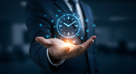 Poster - Digital Clock Hologram Projected Over Man Hand in Business Suit on Dark Blue Background