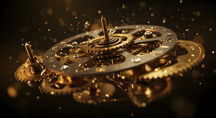 Poster - Detailed Macro Shot of Golden Gears and Cogs on a Black Background with Bokeh