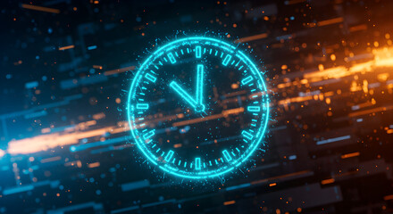 Poster - Digital Clock Display with Glowing Blue Outline on Abstract Background with Orange Light