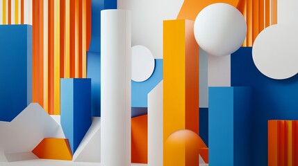 Poster - Abstract geometric shapes background design modern art wallpaper graphic design blue orange white style 3d render