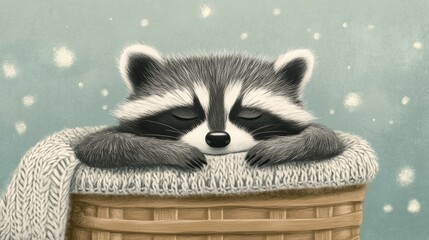Poster - Sleepy raccoon nestled in a knitted basket during pastel nap time with gentle snowfall