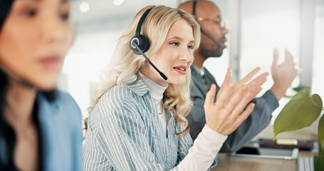 Aufkleber - Advice, communication and contact us with woman in call center for assistance or consulting. Business, customer service and support with happy employee in telecom workplace as virtual assistant
