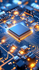 Poster - A microprocessor is centrally located on a printed circuit board, surrounded by glowing connections and various electronic components. The blue background enhances the intricate design