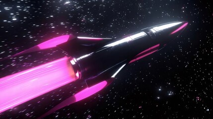 Poster - スタイリッシュな宇宙船が輝くピンク色の光線を放ちながら暗い宇宙空間を飛行