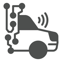 Poster - Car with wireless sensor circuit solid icon, neural network concept. Vector graphics. Automobile with connections, vehicle sign on white background, glyph style icon for mobile or web design.