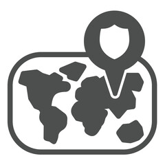 Poster - World map and location pin solid icon, geography concept. Vector graphics. Navigation sign on white background, glyph style icon for mobile or web design.