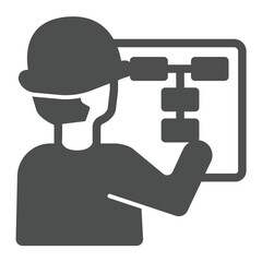 Poster - Engineer with helmet and schedule paper solid icon, making road concept. Vector graphics. Man with plan, project sign on white background, glyph style icon for mobile or web design.