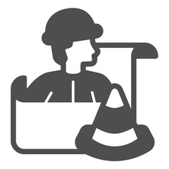 Poster - Engineer with projects and traffic cone solid icon, making road concept. Vector graphics. Man with project plan, builder sign on white background, glyph style icon for mobile or web design.