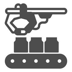 Poster - Robotic arm and conveyor with bottles solid icon, pharmacy concept. Vector graphics. Conveyor for jars, production sign on white background, glyph style icon for mobile or web design.
