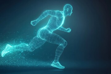 Leinwandbilder - Runner silhouette in motion with glowing digital wireframe mesh representation capturing athleticism and energy