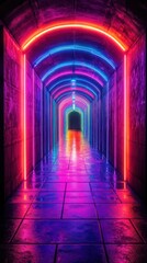 Fototapete - Neon-lit tunnel showcasing vibrant colors and reflections in a modern urban environment