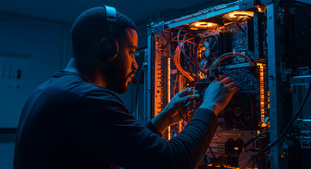 Poster - Technician in Headset Working on Computer Server Rack with Orange and Blue Lighting Style